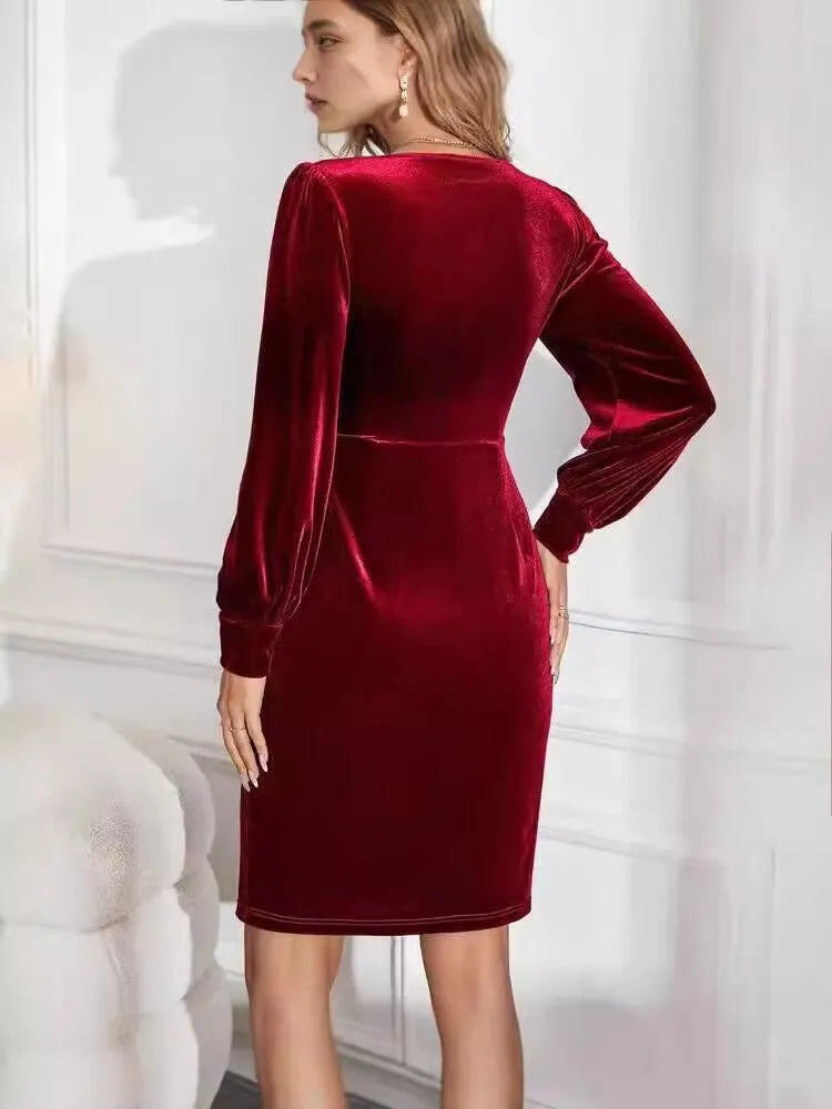 Solid Elegant Party Velvet Split Square Neck A-line Dress
