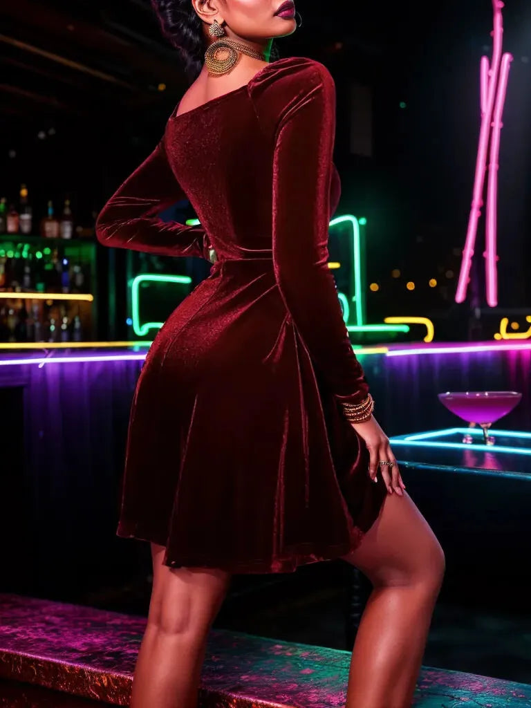Solid Elegant Party Velvet V-neck A-line Dress
