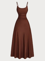 Solid Elegant Ruched Waist Spaghetti Strap A-line Dress