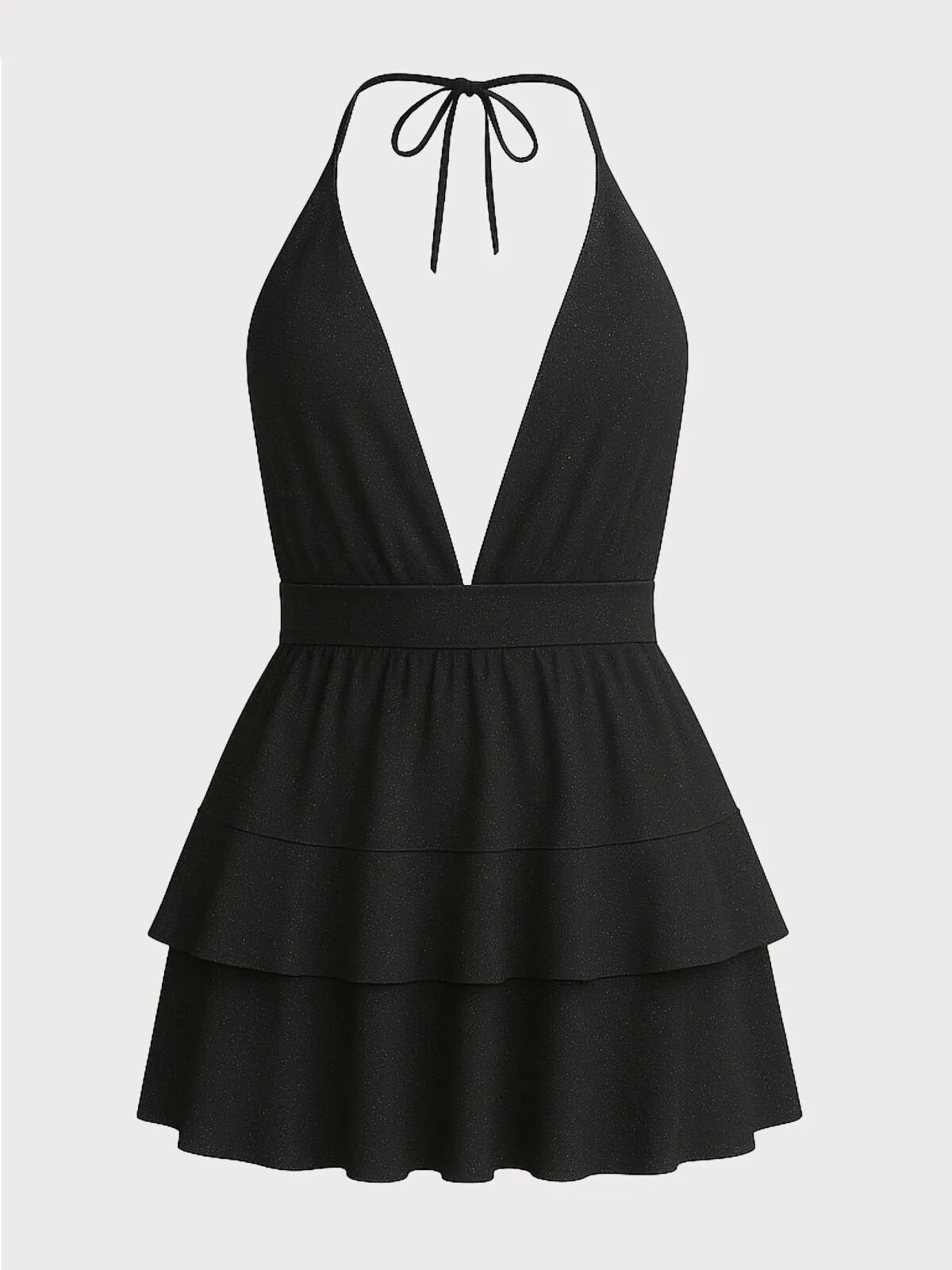 Solid Elegant Sequin Deep V Halter Neck Tiered Dress