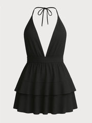 Solid Elegant Sequin Deep V Halter Neck Tiered Dress