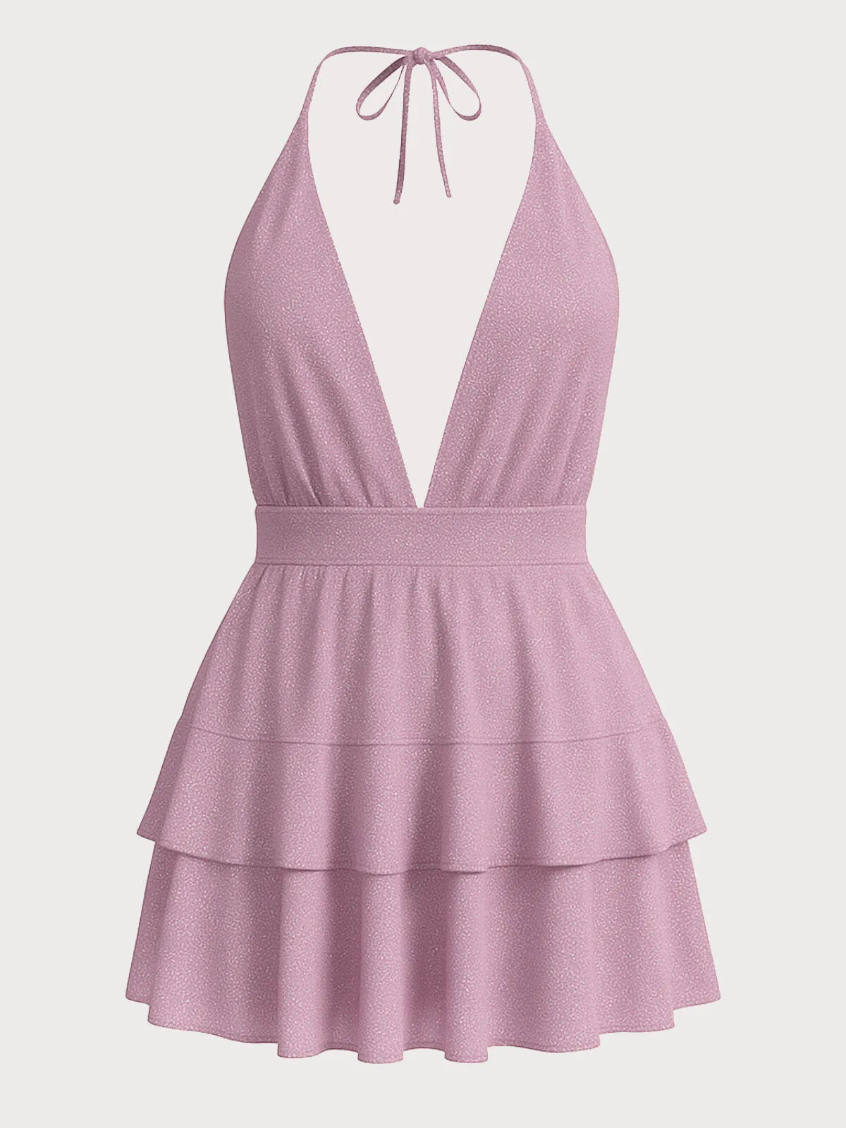Solid Elegant Sequin Deep V Halter Neck Tiered Dress