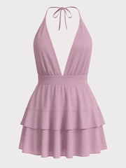 Solid Elegant Sequin Deep V Halter Neck Tiered Dress