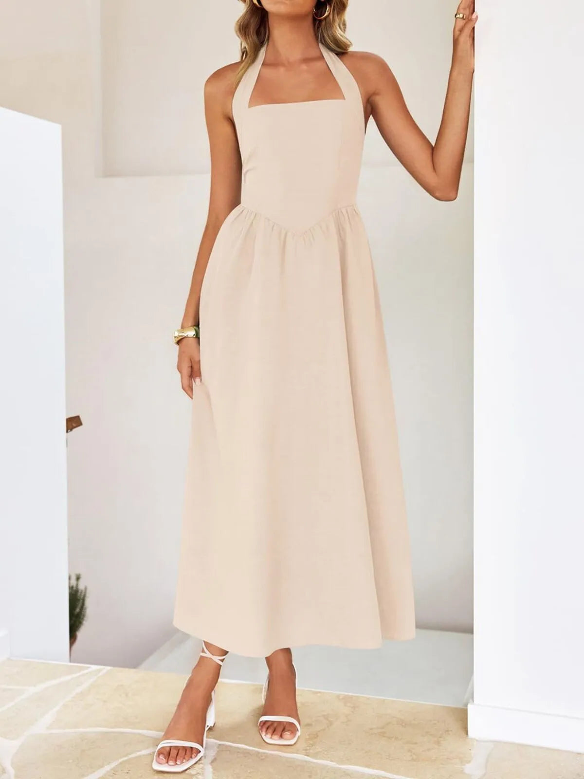 Solid Elegant Vacation Date Halter A-line Dress