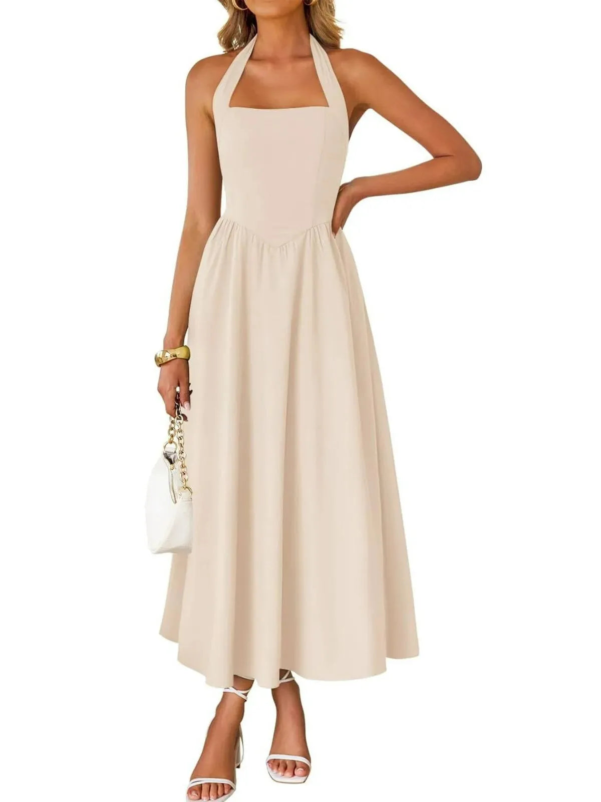 Solid Elegant Vacation Date Halter A-line Dress