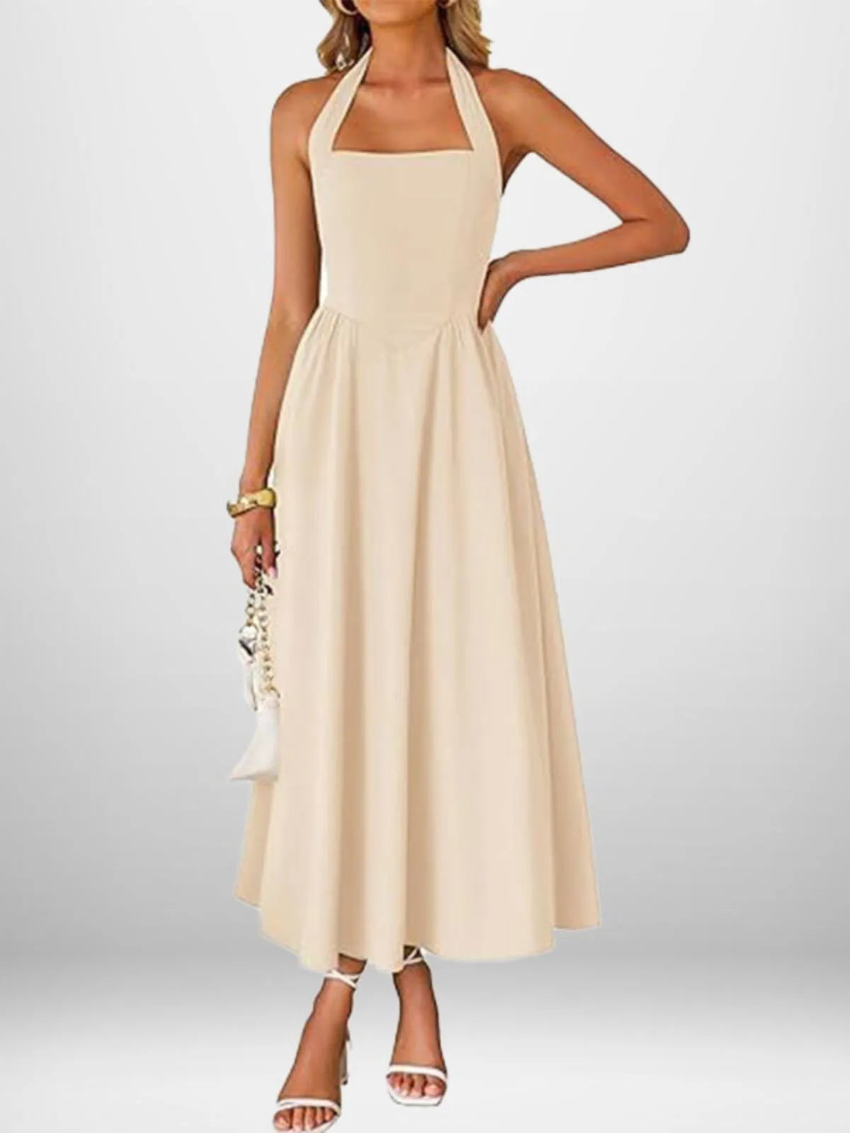 Solid Elegant Vacation Date Halter A-line Dress