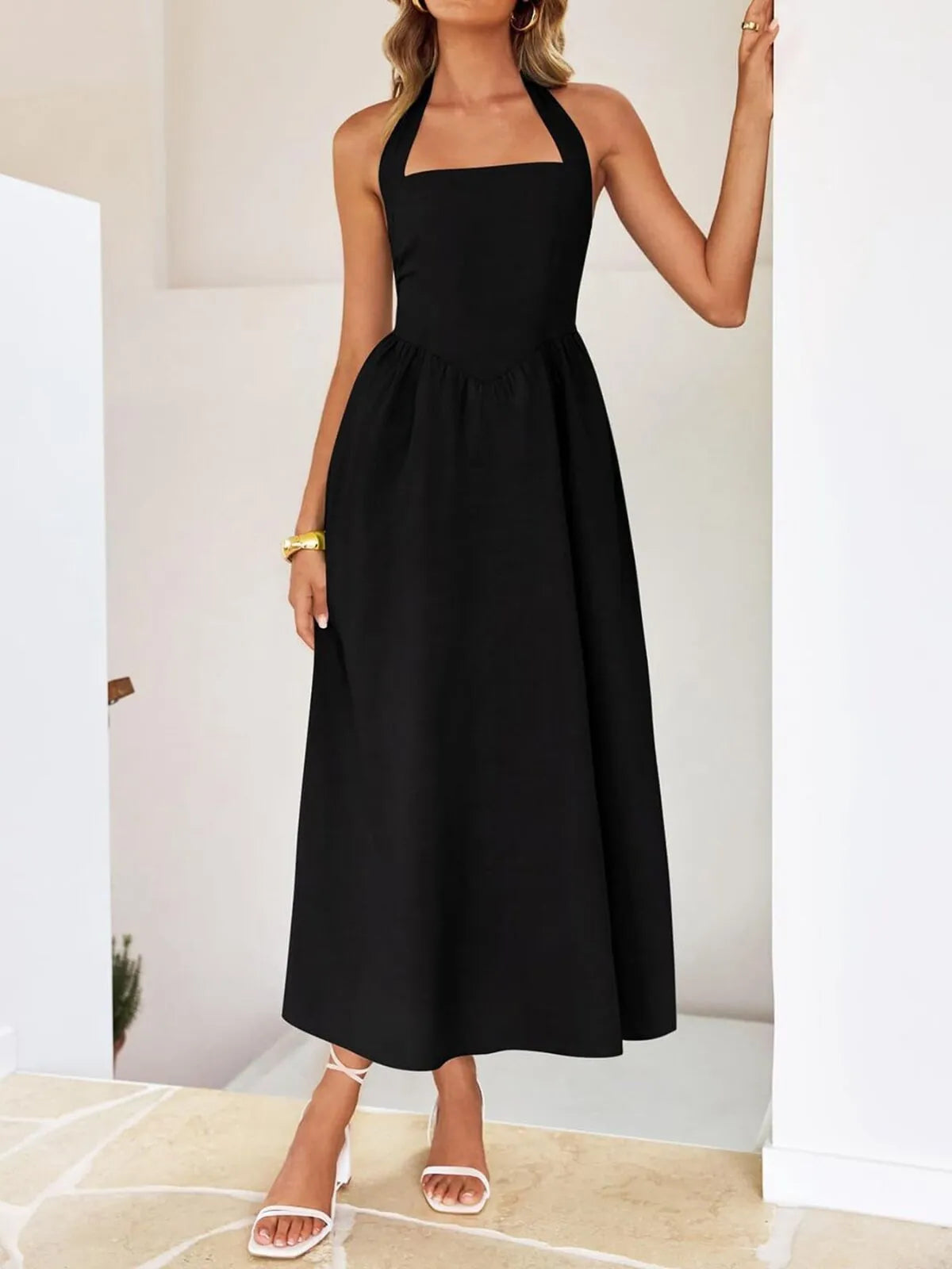 Solid Elegant Vacation Date Halter A-line Dress