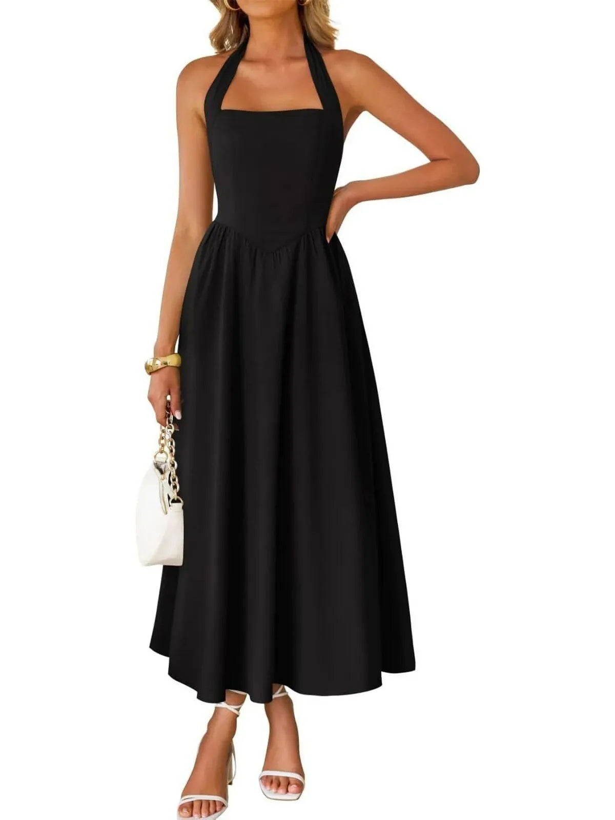 Solid Elegant Vacation Date Halter A-line Dress