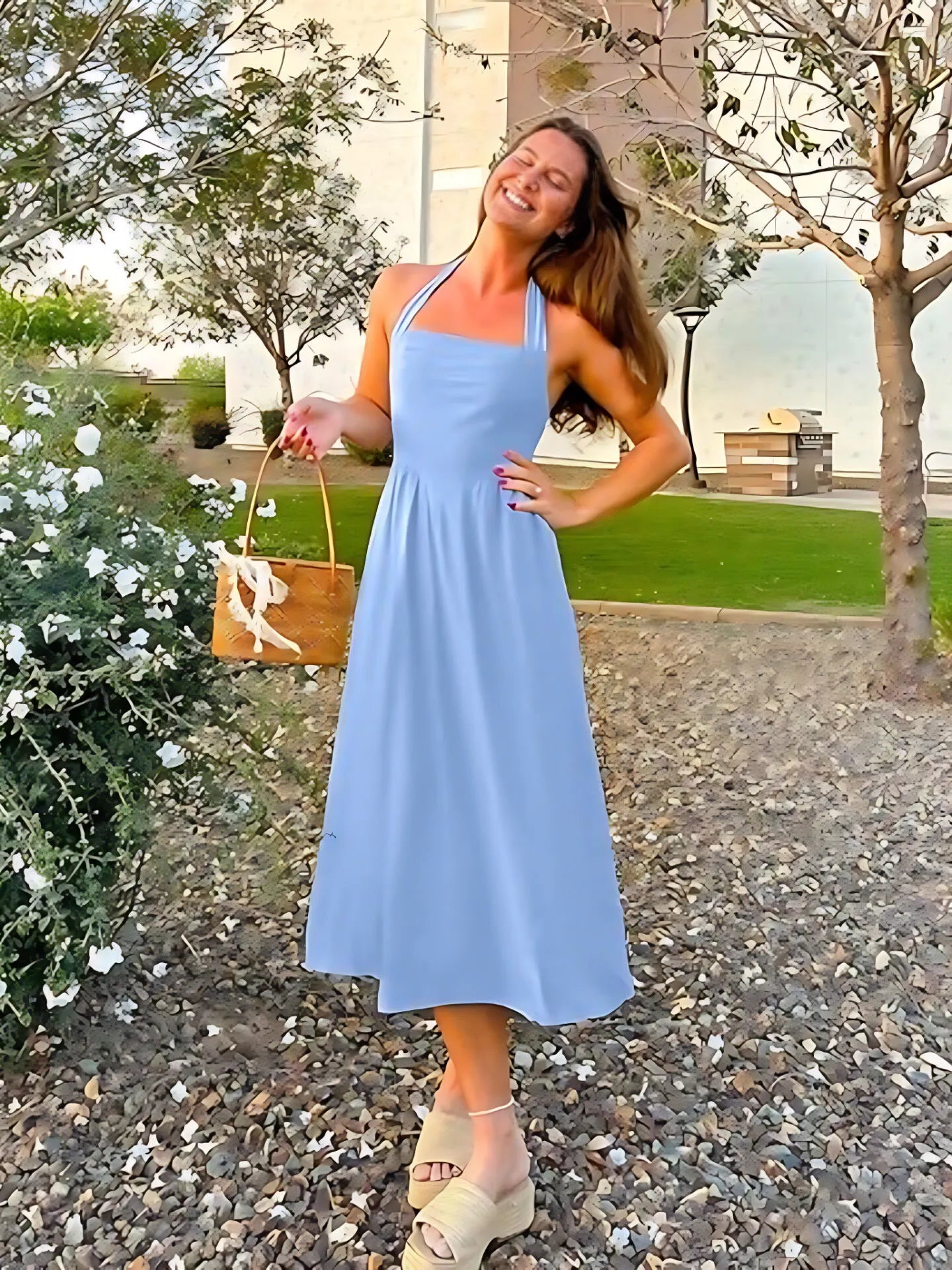 Solid Elegant Vacation Date Halter A-line Dress
