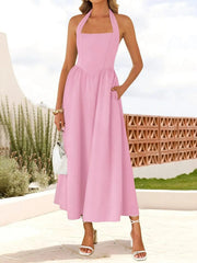 Solid Elegant Vacation Date Halter A-line Dress