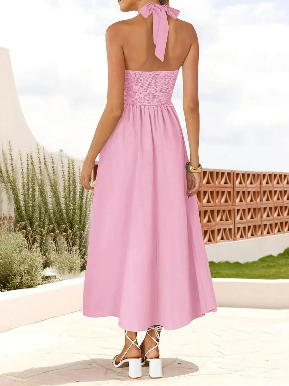 Solid Elegant Vacation Date Halter A-line Dress