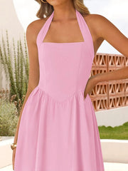 Solid Elegant Vacation Date Halter A-line Dress
