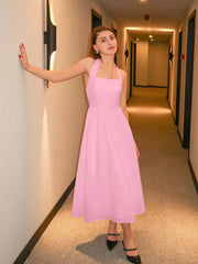 Solid Elegant Vacation Date Halter A-line Dress
