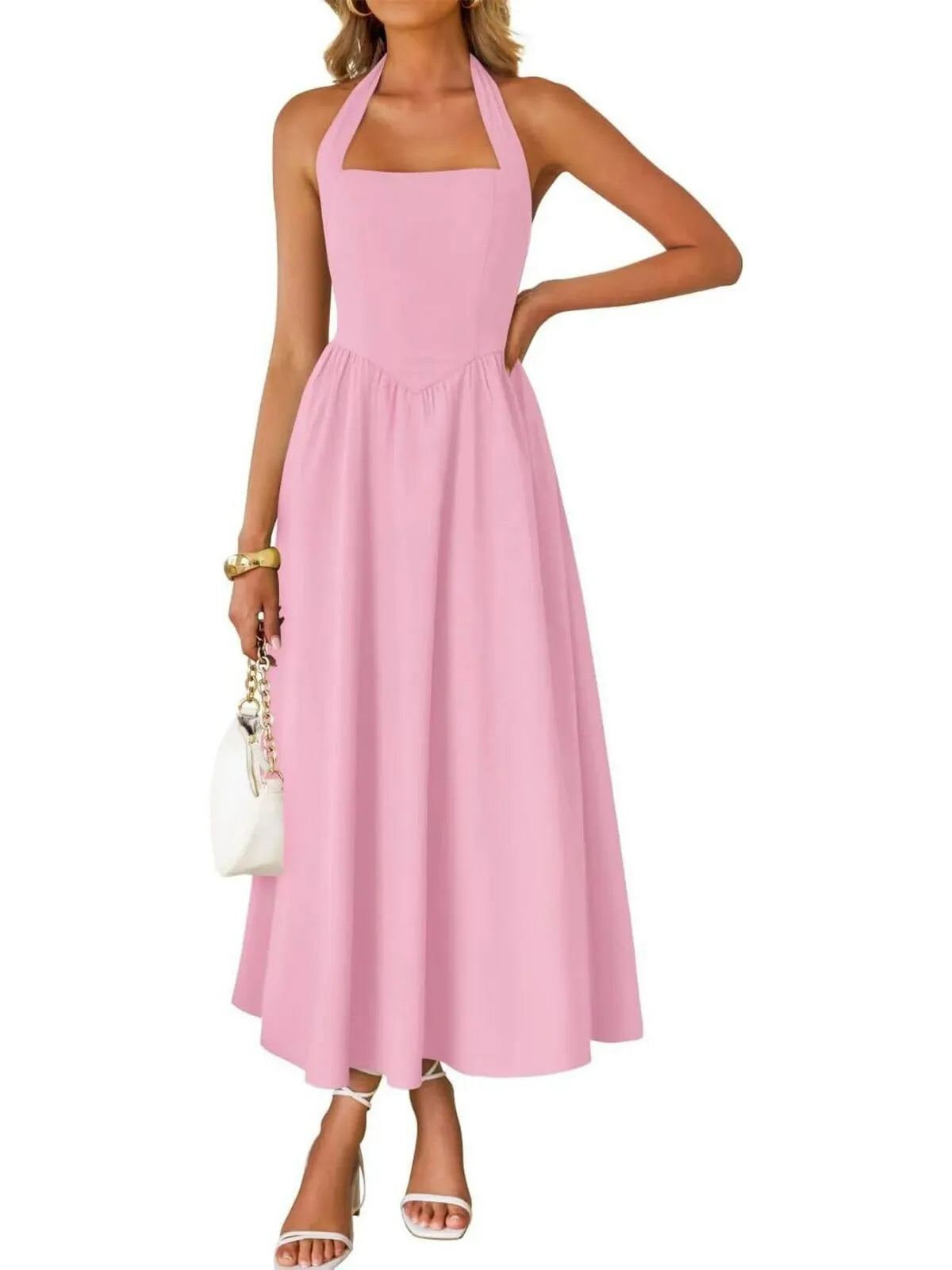 Solid Elegant Vacation Date Halter A-line Dress