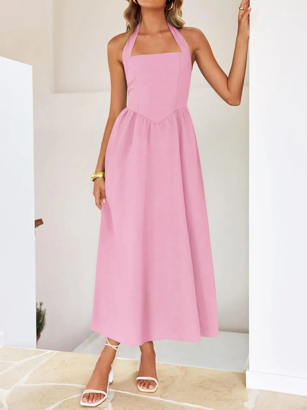 Solid Elegant Vacation Date Halter A-line Dress