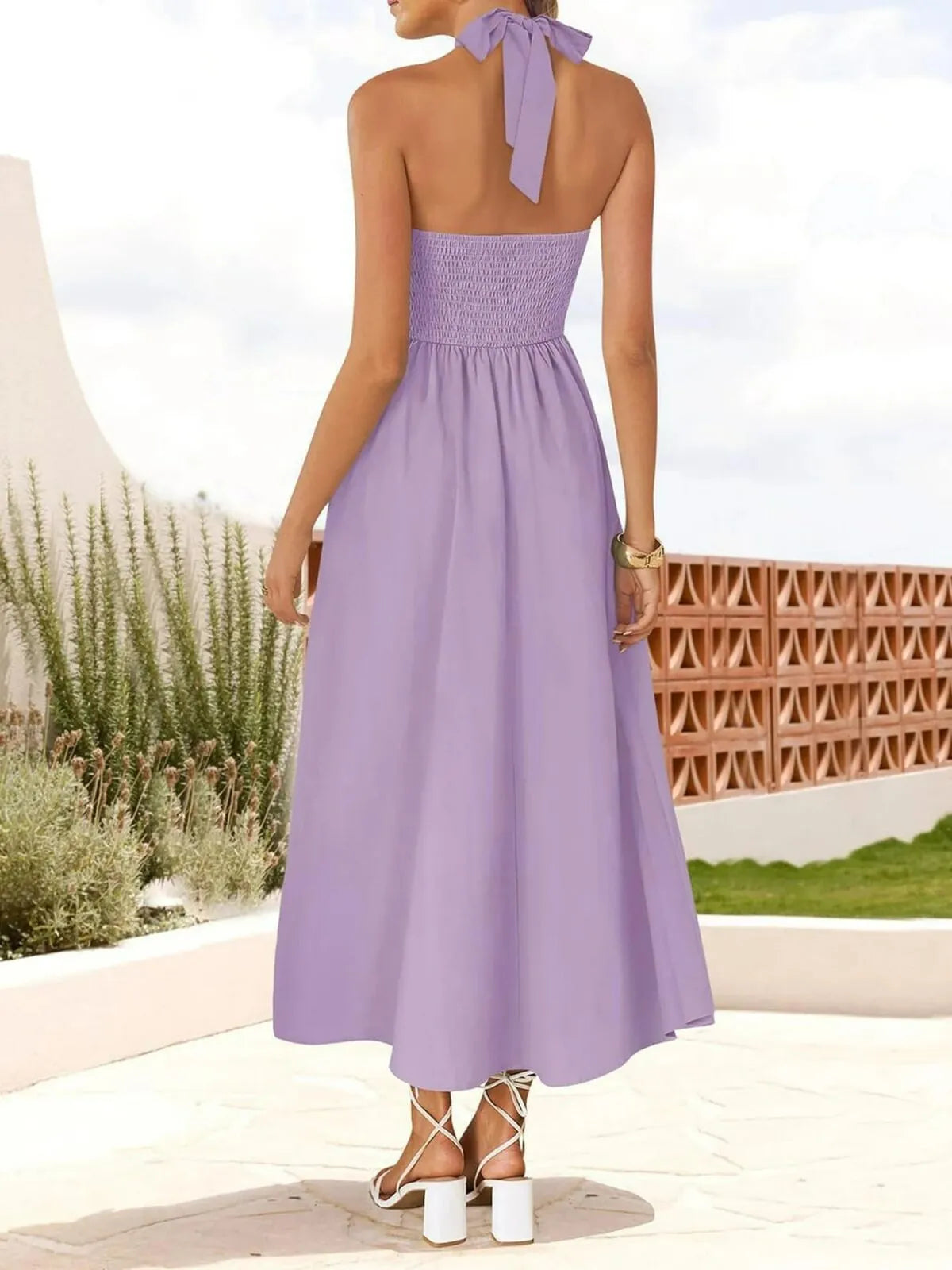 Solid Elegant Vacation Date Halter A-line Dress