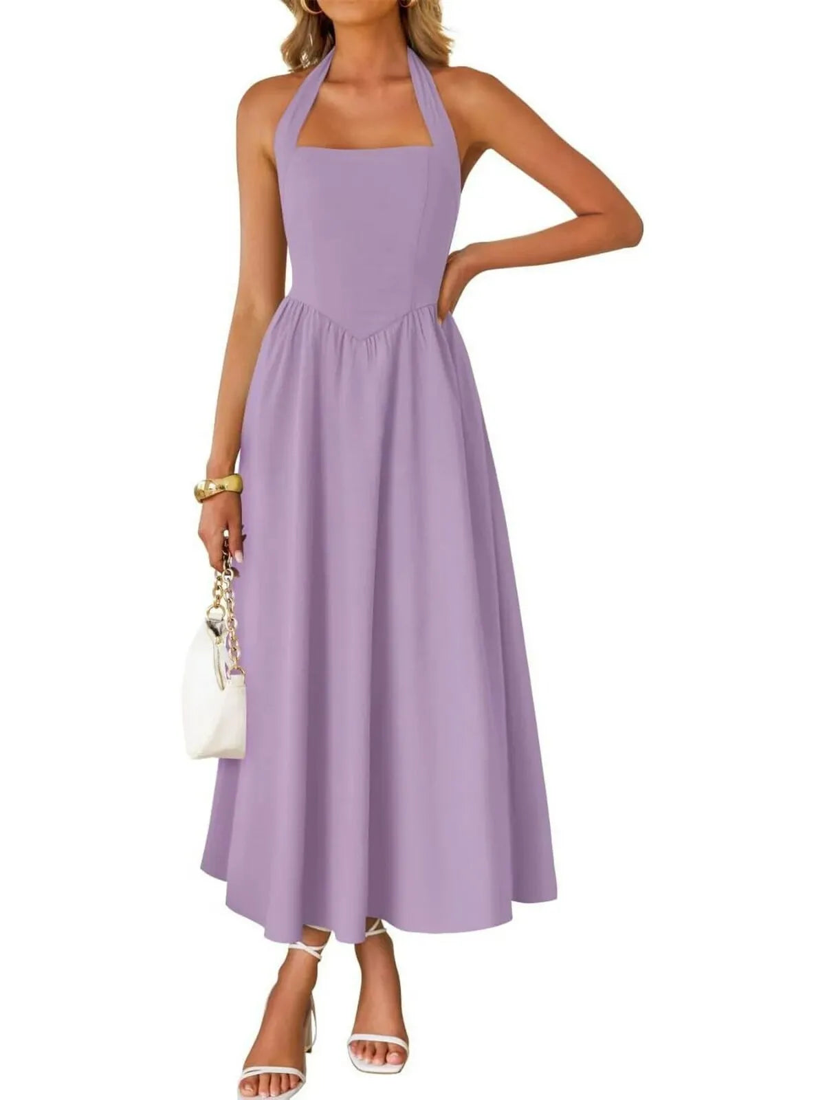 Solid Elegant Vacation Date Halter A-line Dress