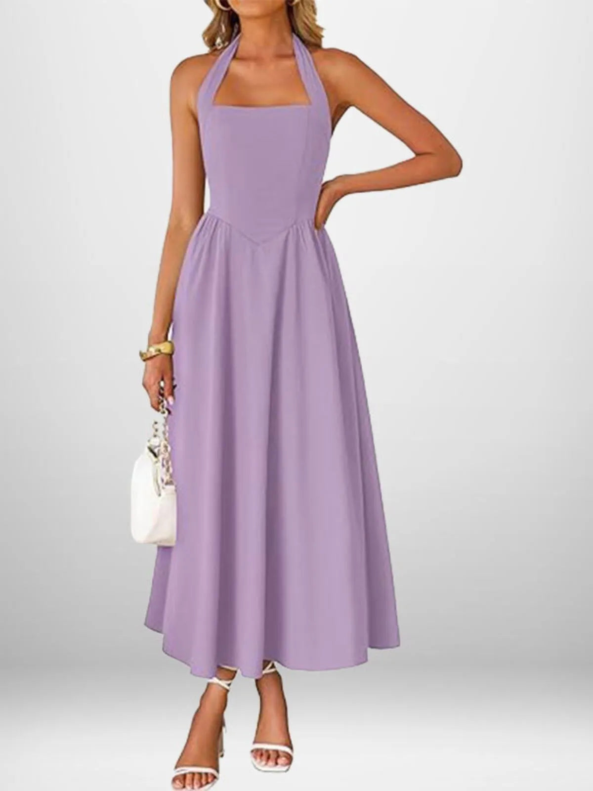 Solid Elegant Vacation Date Halter A-line Dress