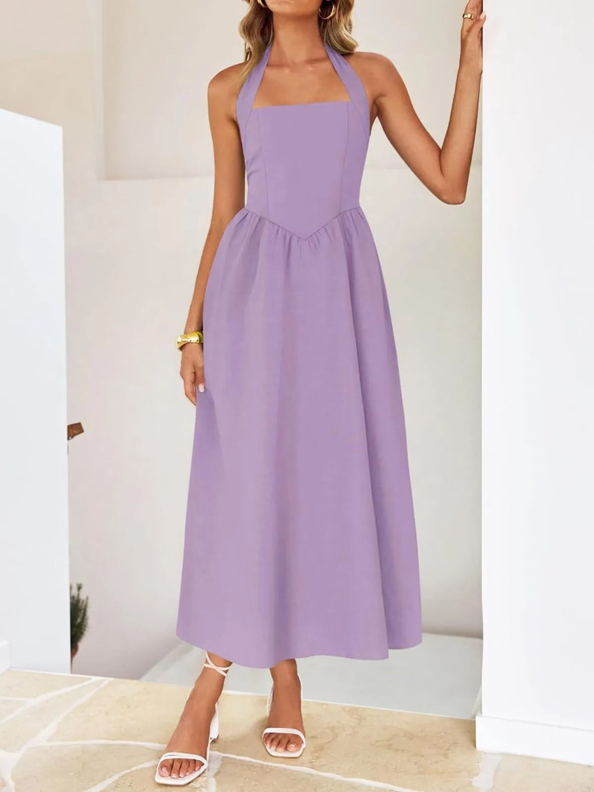 Solid Elegant Vacation Date Halter A-line Dress