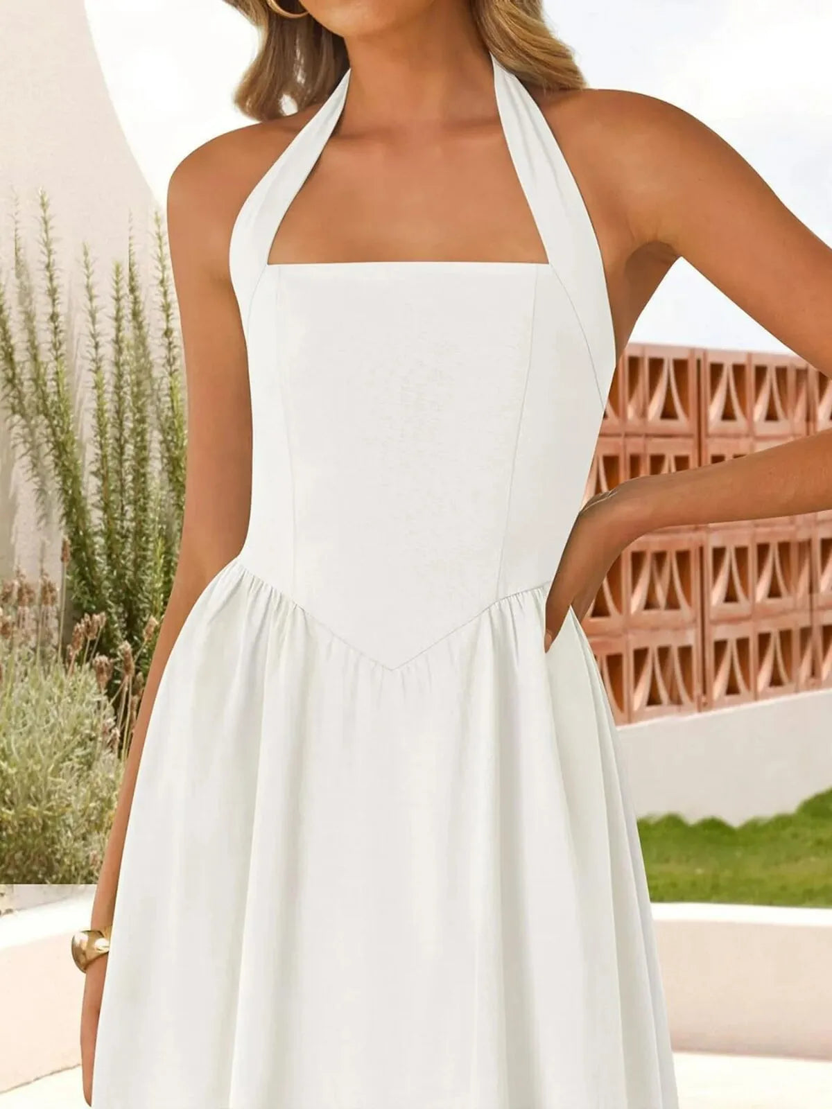 Solid Elegant Vacation Date Halter A-line Dress