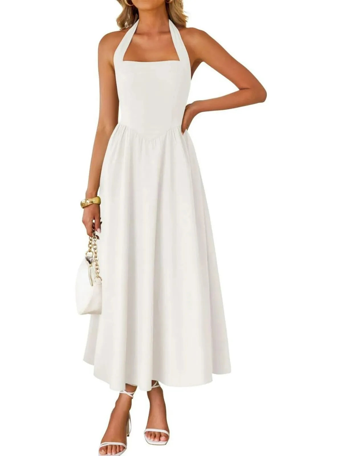 Solid Elegant Vacation Date Halter A-line Dress