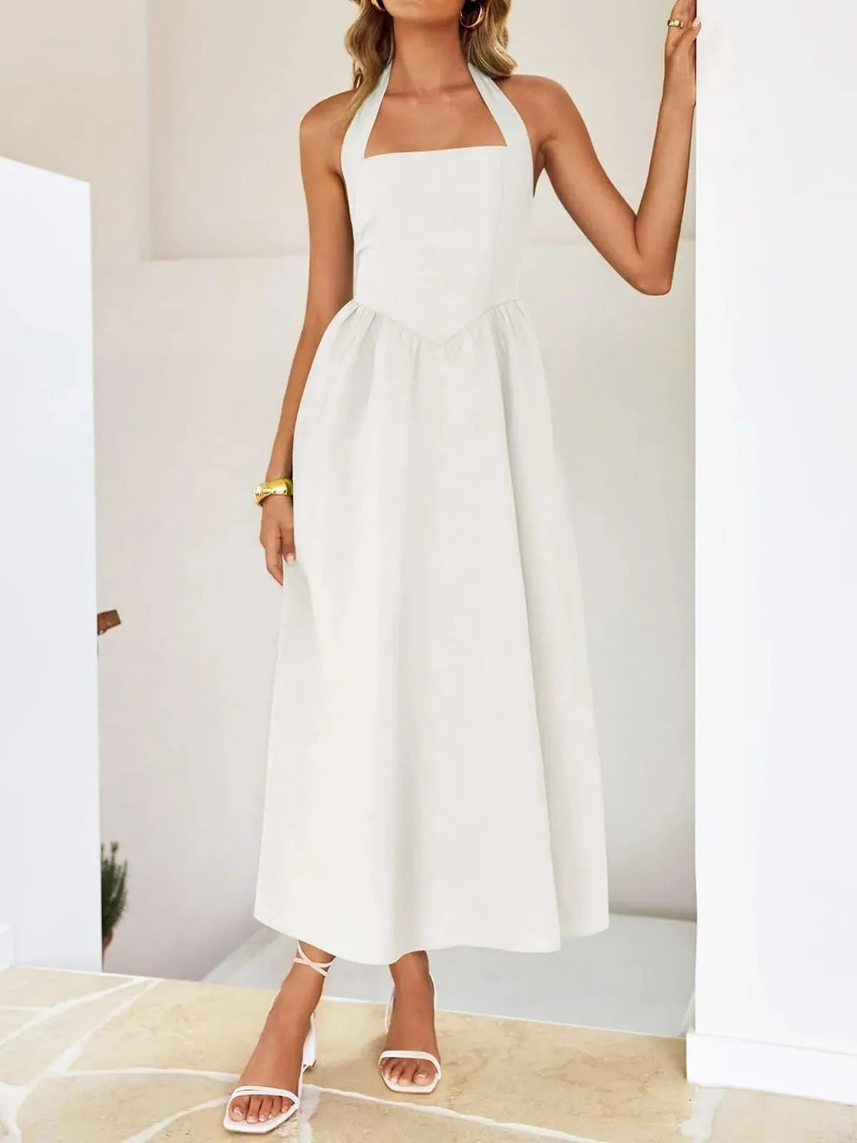 Solid Elegant Vacation Date Halter A-line Dress