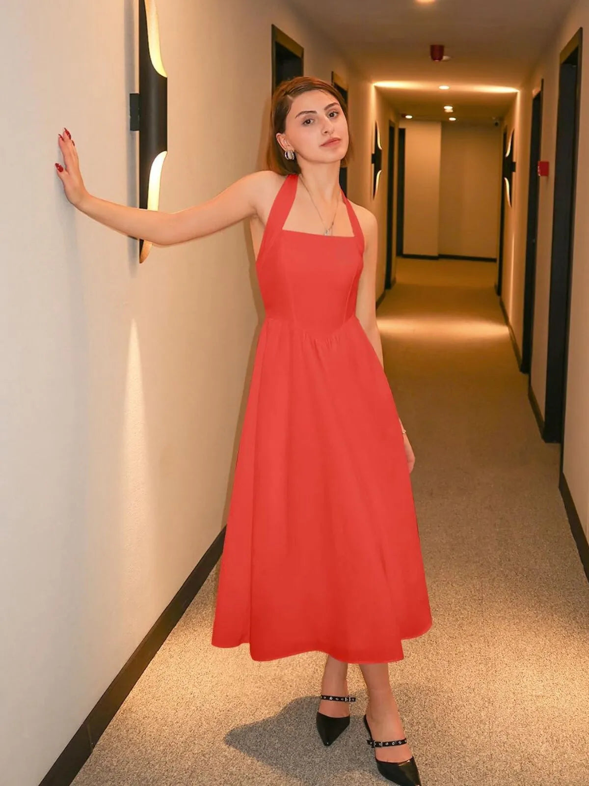 Solid Elegant Vacation Date Halter A-line Dress