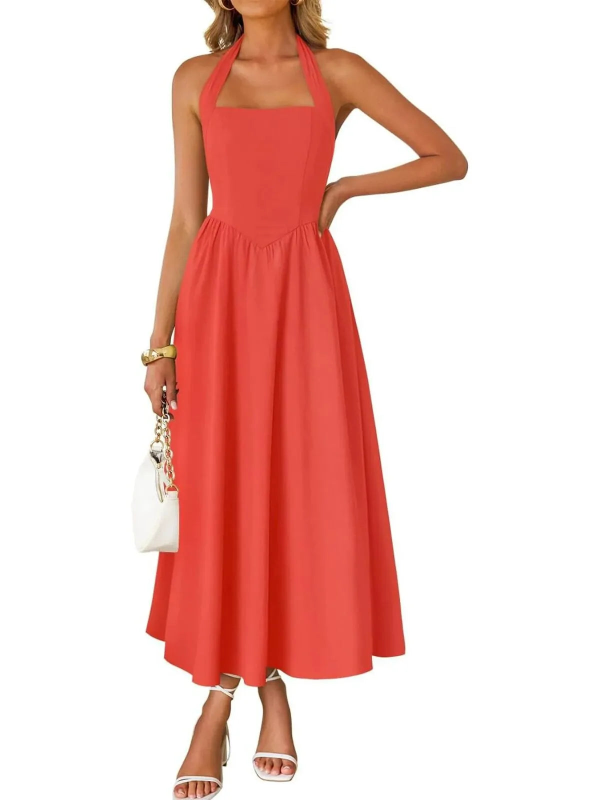 Solid Elegant Vacation Date Halter A-line Dress