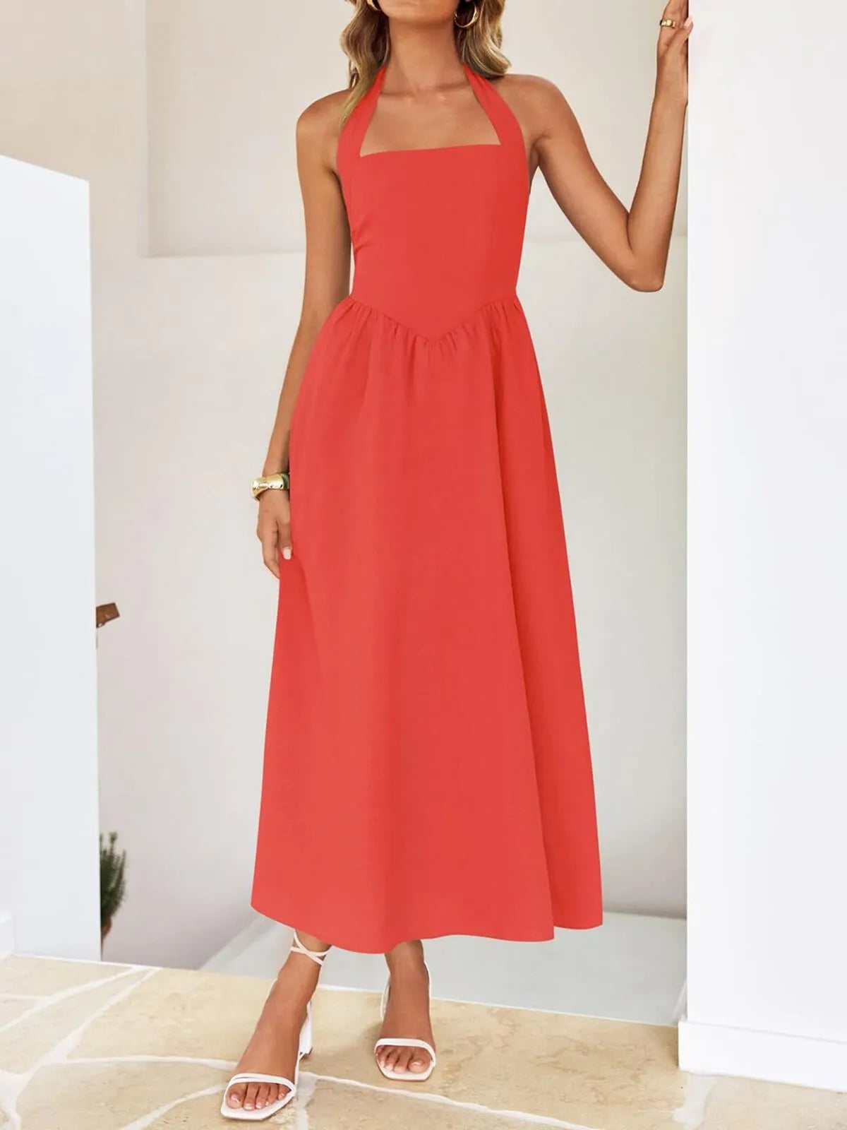 Solid Elegant Vacation Date Halter A-line Dress