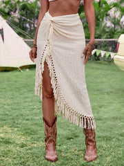Solid Fringe High Rise Trimmed Tie Front Cover Up Skirt