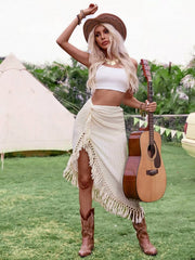 Solid Fringe High Rise Trimmed Tie Front Cover Up Skirt