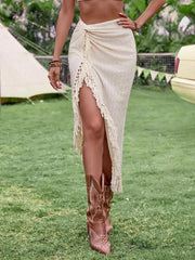 Solid Fringe High Rise Trimmed Tie Front Cover Up Skirt