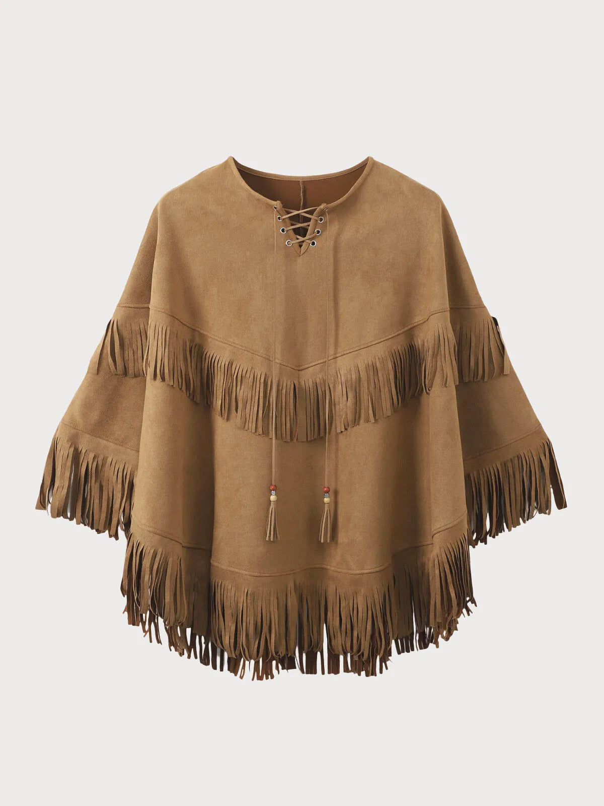 Solid Fringe Tie Neck Cloak Suedette Poncho Top Retro Tassel Shawl