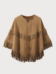 Solid Fringe Tie Neck Cloak Suedette Poncho Top Retro Tassel Shawl