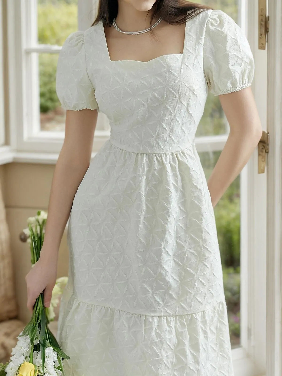 Solid Geometric Square Neck Puff A-line Dress