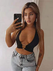 Solid Grommet Eyelet Halter Super Hot Backless Crop Cami