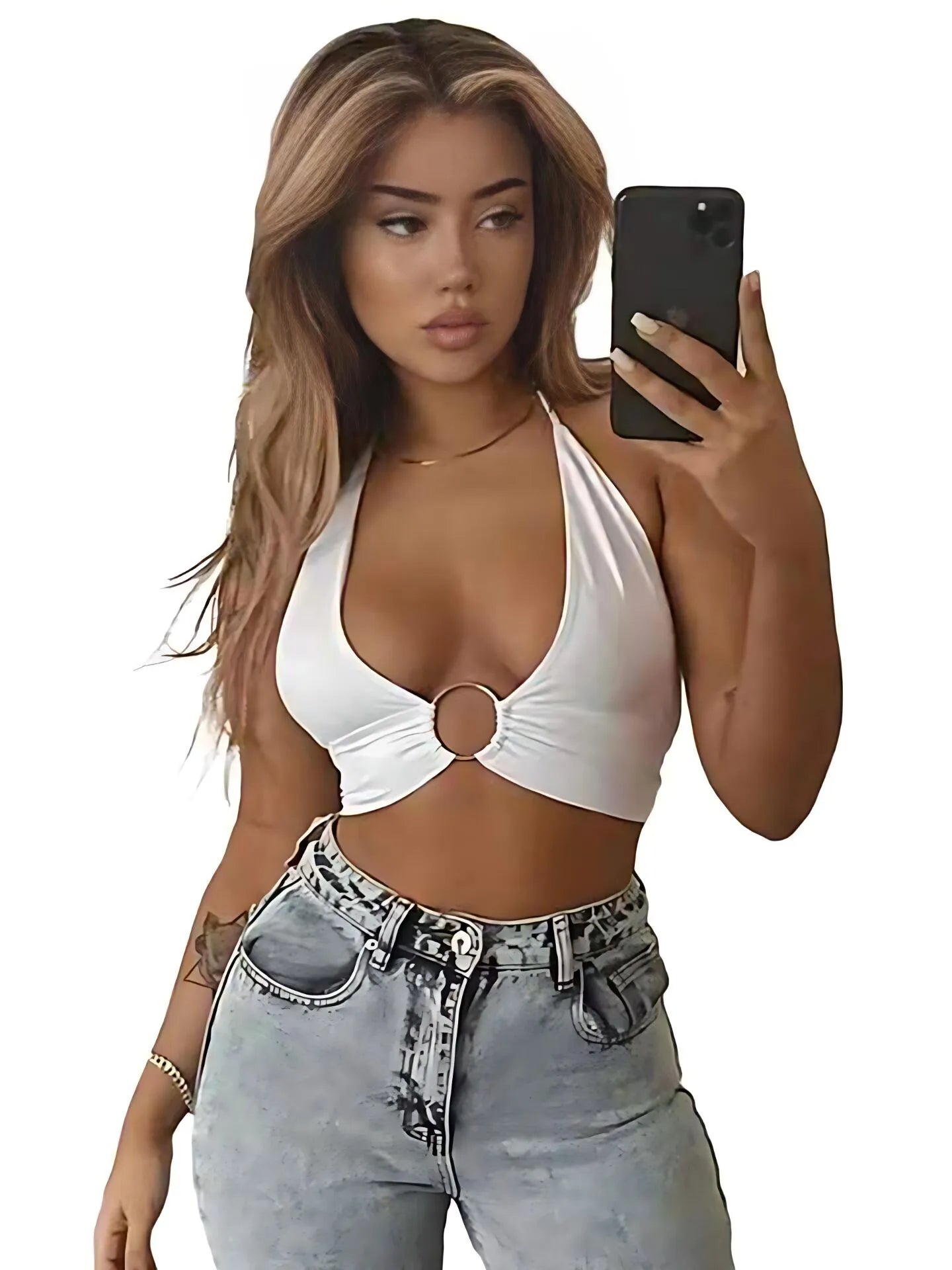 Solid Grommet Eyelet Halter Super Hot Backless Crop Cami