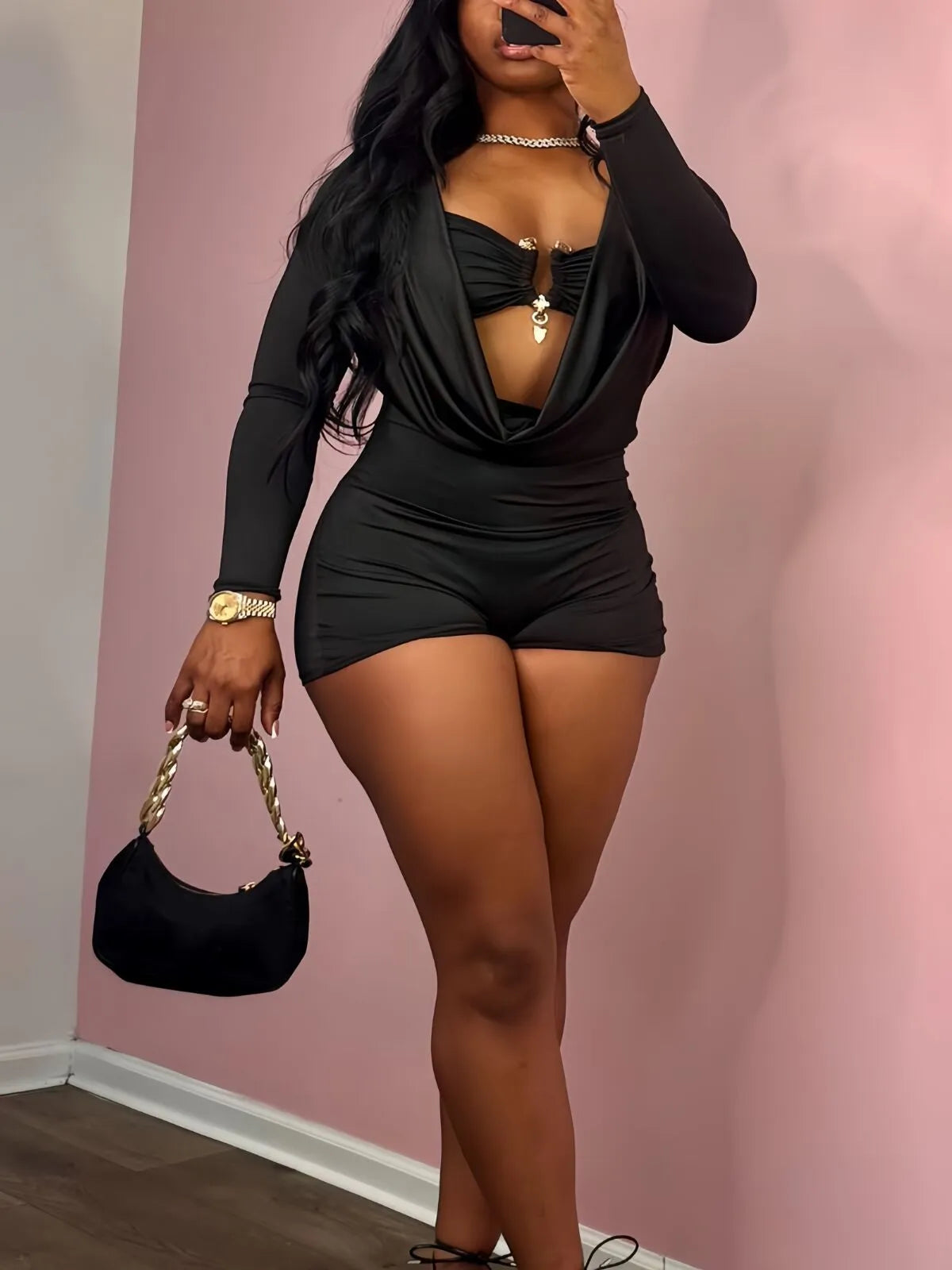 Solid Color Nightclub Music Festival Metal Decor Cut Out Street Fashion Long Sleeves High Rise Romper