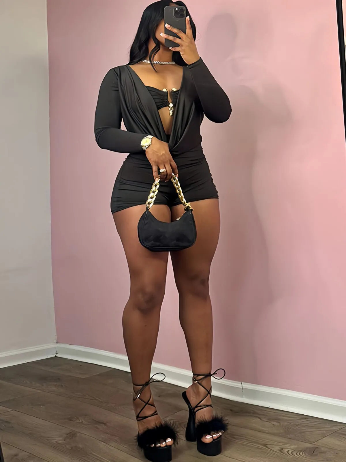 Solid Color Nightclub Music Festival Metal Decor Cut Out Street Fashion Long Sleeves High Rise Romper