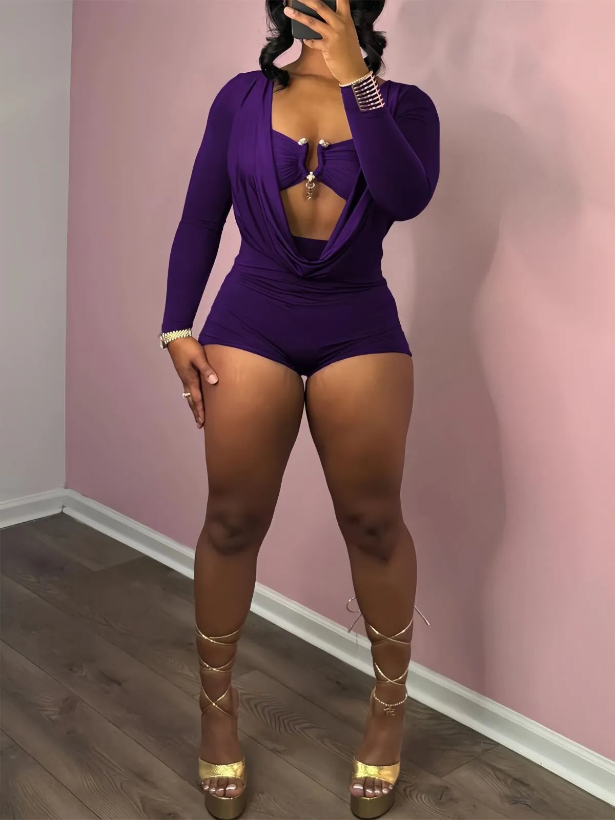 Solid Color Nightclub Music Festival Metal Decor Cut Out Street Fashion Long Sleeves High Rise Romper