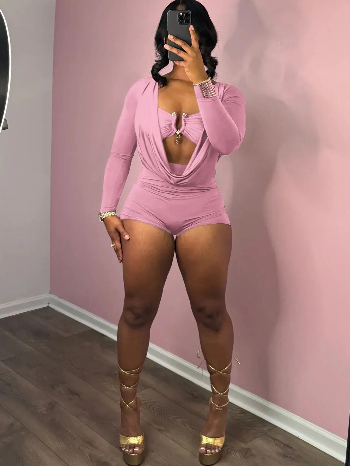 Solid Color Nightclub Music Festival Metal Decor Cut Out Street Fashion Long Sleeves High Rise Romper