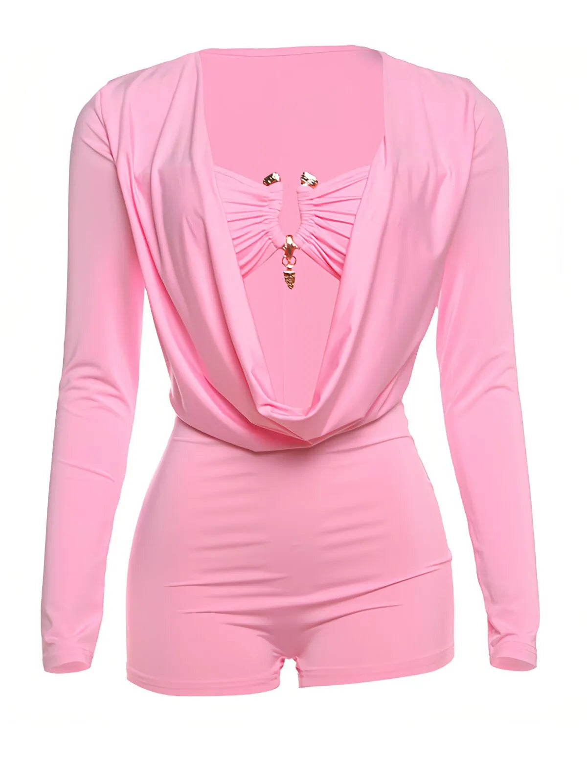 Solid Color Nightclub Music Festival Metal Decor Cut Out Street Fashion Long Sleeves High Rise Romper
