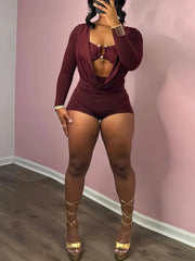 Solid Color Nightclub Music Festival Metal Decor Cut Out Street Fashion Long Sleeves High Rise Romper