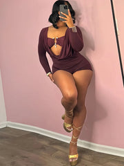 Solid Color Nightclub Music Festival Metal Decor Cut Out Street Fashion Long Sleeves High Rise Romper