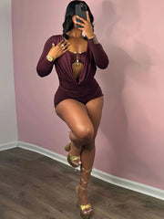 Solid Color Nightclub Music Festival Metal Decor Cut Out Street Fashion Long Sleeves High Rise Romper