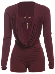 Solid Color Nightclub Music Festival Metal Decor Cut Out Street Fashion Long Sleeves High Rise Romper