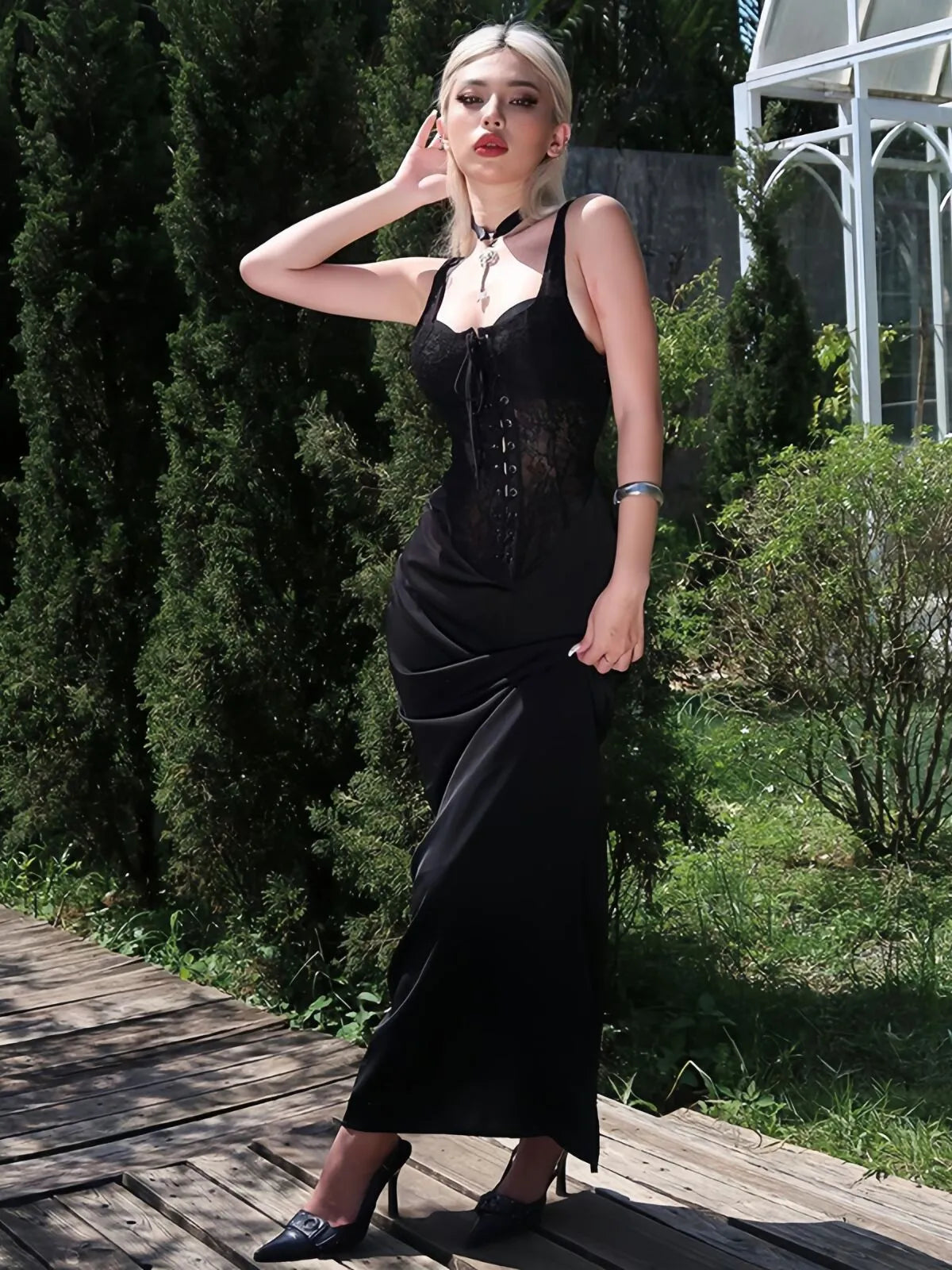 Solid Halloween Dark Style Personalized Skull Vintage Lace Spaghetti Strap Fitted Dress