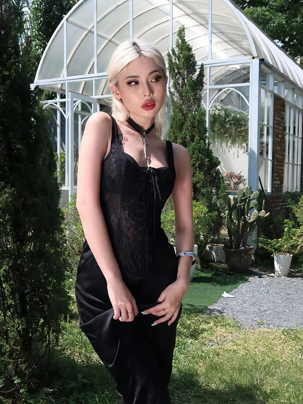 Solid Halloween Dark Style Personalized Skull Vintage Lace Spaghetti Strap Fitted Dress