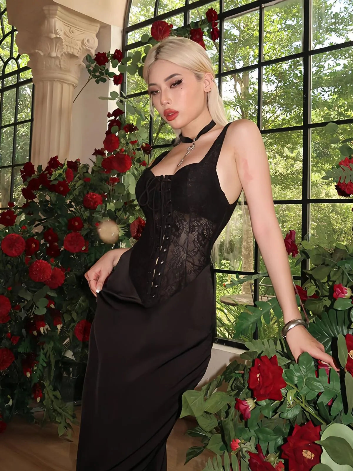 Solid Halloween Dark Style Personalized Skull Vintage Lace Spaghetti Strap Fitted Dress