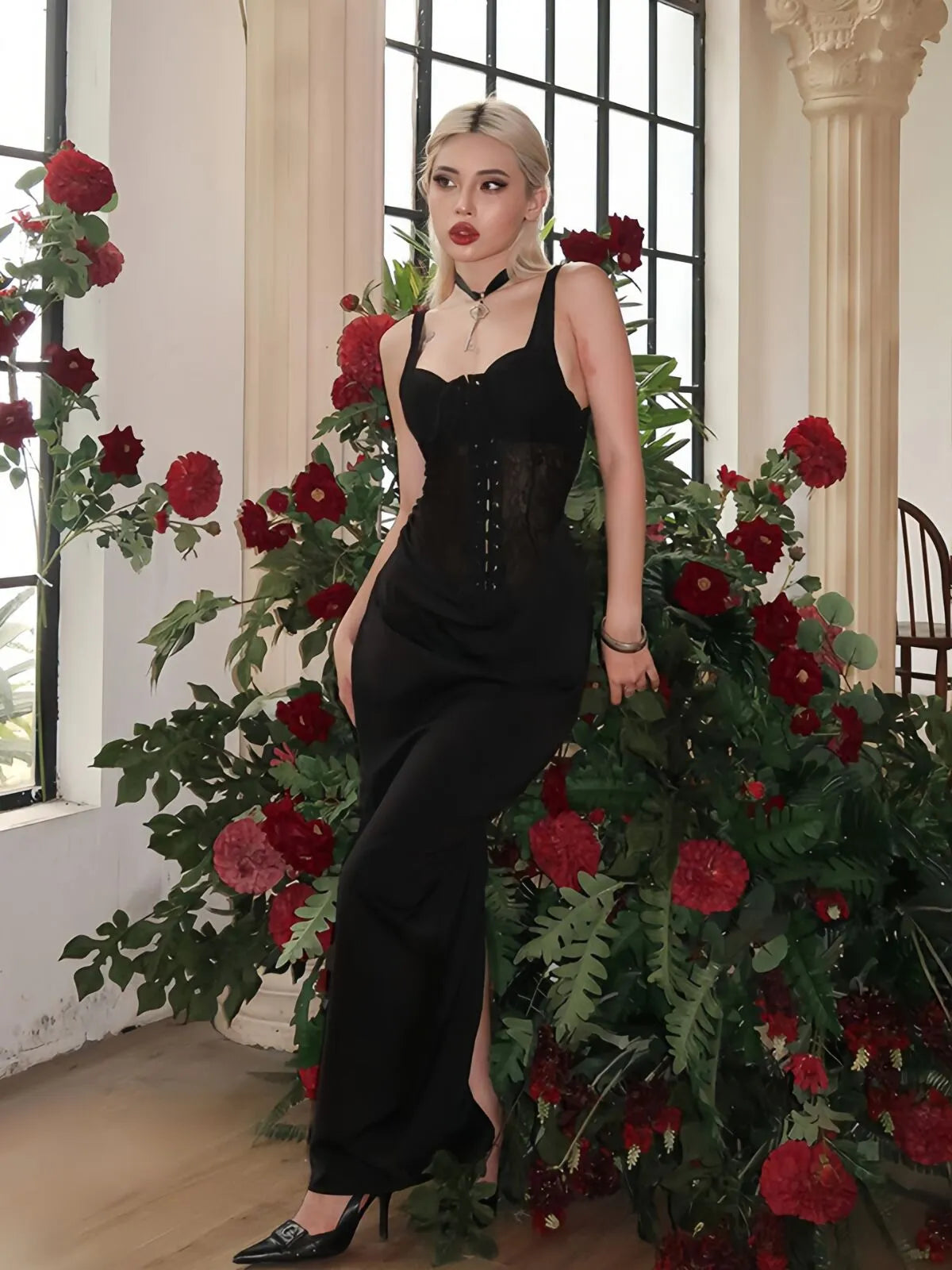 Solid Halloween Dark Style Personalized Skull Vintage Lace Spaghetti Strap Fitted Dress